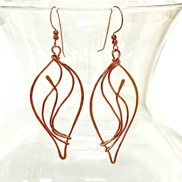 HANDMADE Hand Wrapped Pure Bare Copper Minimalistic Modern Leaf Dangle Earrings - Picture 10 of 10